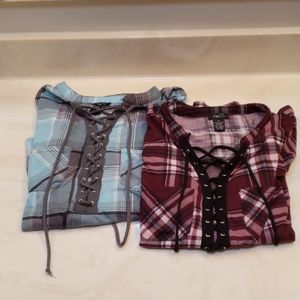 Rue21 (2) tops lng slv blue/grey. Mrn/black sz M